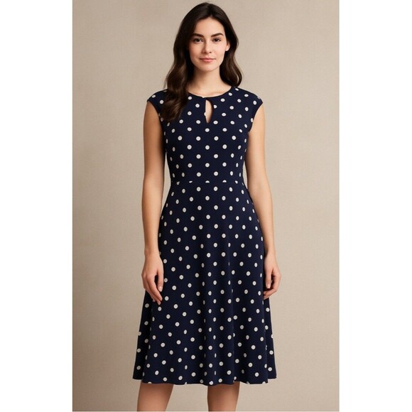 Lauren Ralph Lauren Navy‎ Polka Dot A-Line Dress Size 6 Stretch Brunch Office - Picture 1 of 16